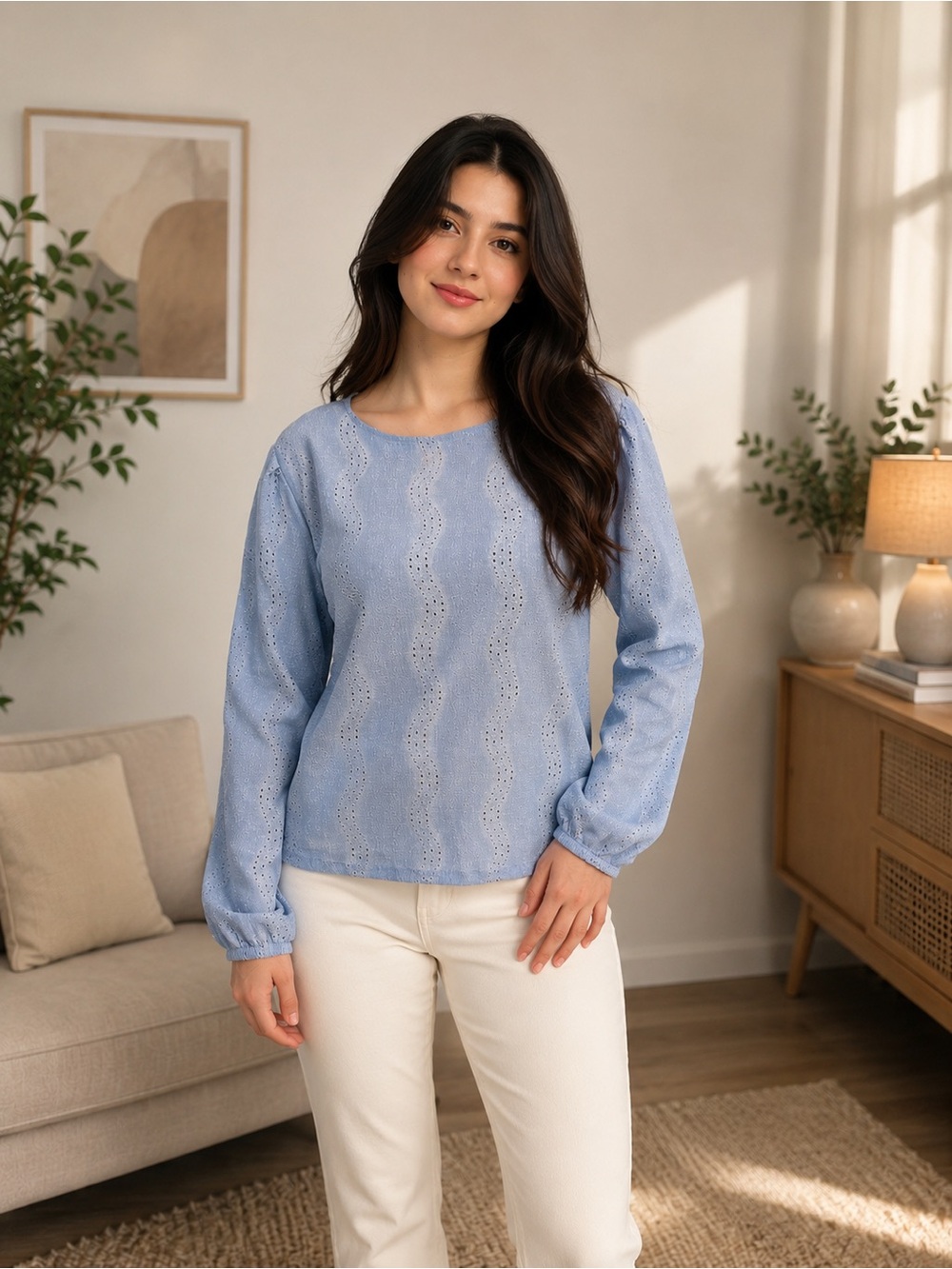 Suzy Shier Light Blue Eyelet Long-Sleeve Top